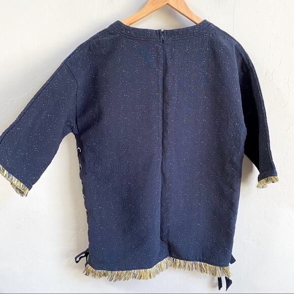 Basic House Navy Blue Earthy Fringe Trim Lace Up‎ Top - Picture 2 of 6